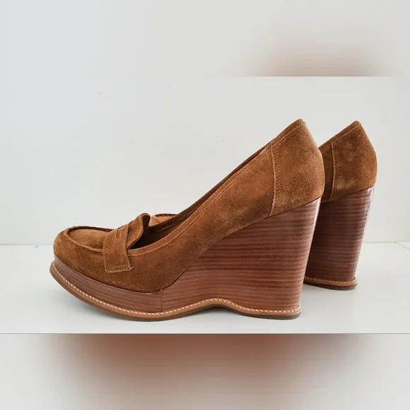 Michael Kors leather loafer wedges in luggage suede 10m - Picture 3 of 9